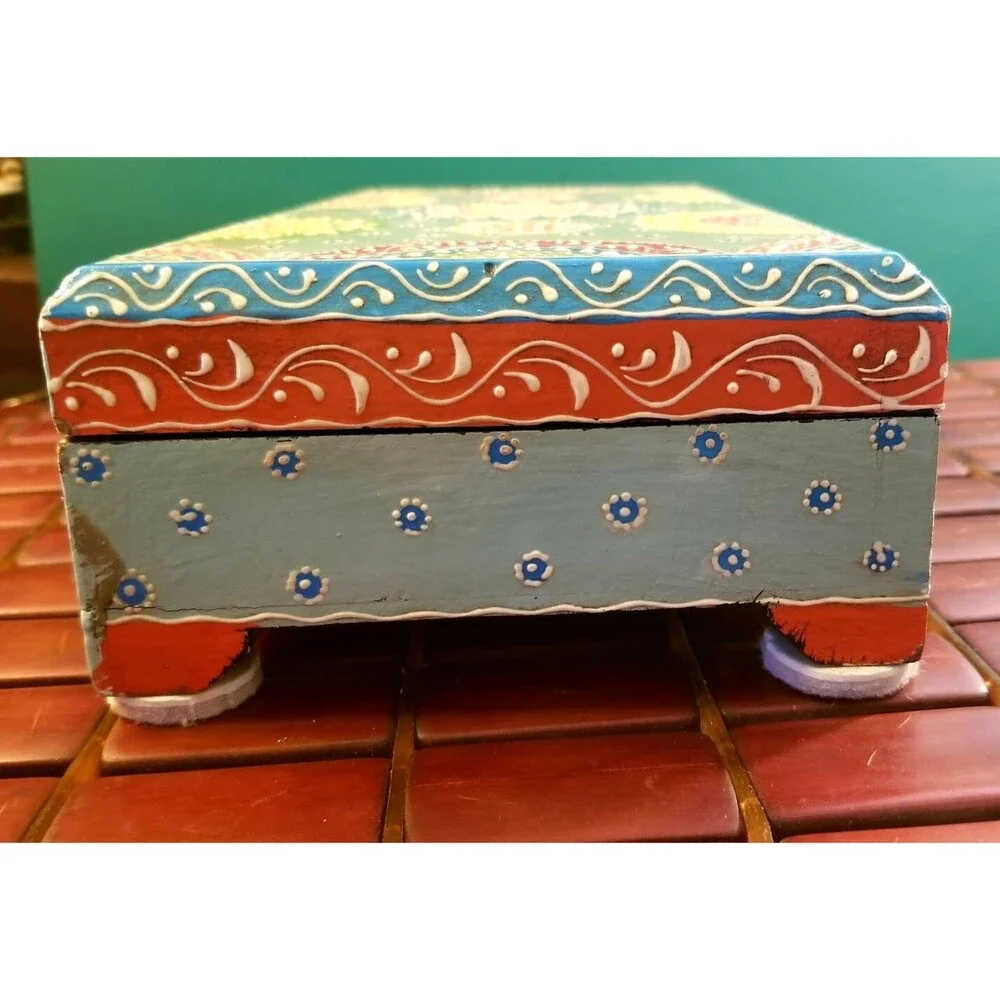 Bohemian Decorative Wooden Jewelry Box Floral Design Hand-Painted Flowers